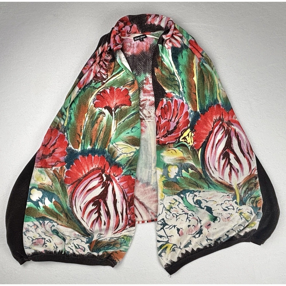 Dor Dor Couture Floral Watercolor Open Front Knit Vest Women's M Boho Artwear